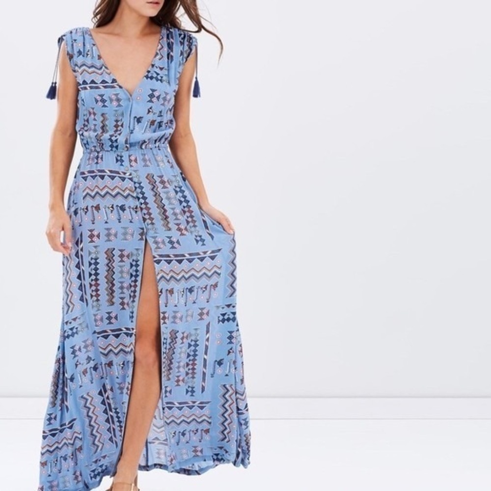 Tigerlily Campeche Maxi Dress Size 4 Blue Boho Tribal Print Tasselled Beachy